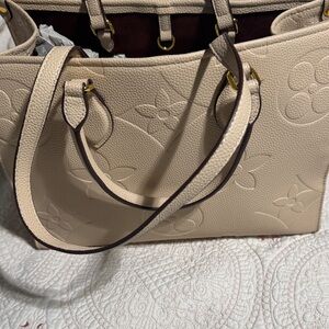 Cream Embossed Leather Tote Bag with Double Handles